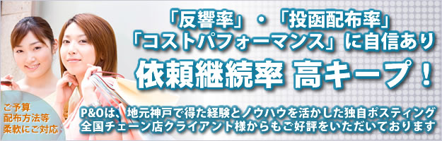 P&Oは、地元神戸で得た経験とノウハウを活かした独自ポスティングで、全国チェーン店クライアント様からもリピート率が高くご好評いただいております。全国チェーン店クライアント様からもご好評をいただいております